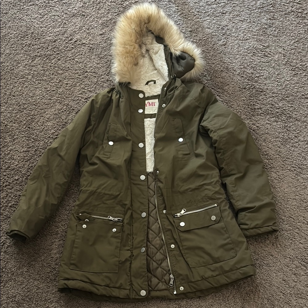 Jacket Olive Green Hooded Parka with Faux Fur Trim